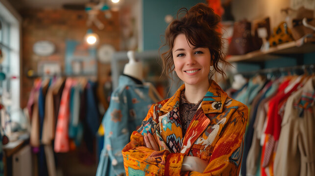 Emprendedora feliz en su boutique de ropa vintage