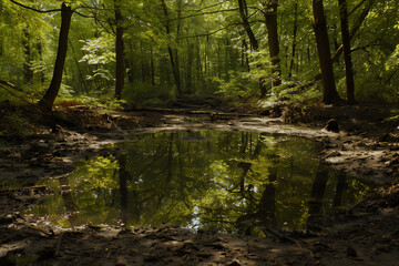 Obraz premium A forest with a pond, wetland, woodland and green trees. The ground is covered in mud. In the middle of it there is an open space where you can see water reflecting the surrounding foliage