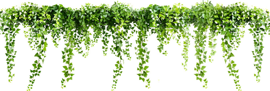 Green succulent leaves hanging vines ivy bush climbing epiphytic plant (Dischidia sp.) after rain in tropical rainforest garden isolated on white background, nature backdrop with clipping path.