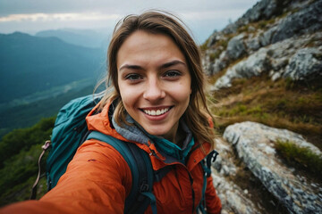 Young Female Hiker Taking a Happy Selfie on a Mountain Summit – Active Lifestyle and Adventure