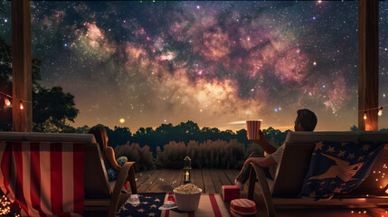 guy and girl on sun loungers with popcorn in their hands watching fireworks in the night sky, rear view, american independence day concept,  with space for text - Powered by Adobe