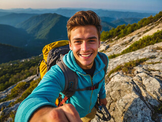 Young boy with hiking backpack on the rocky terrain of a high mountain peak. Stunning view of mountains covered in lush greenery under a clear sky. Themes of adventure, hiking and nature exploration.