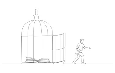 Continuous one line drawing of man walking out of cage with opened book inside, learning beyond book concept, single line art.