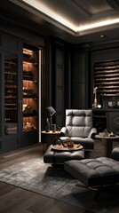 a modern masculine study room. black sofa, dark walls and lighting. luxury interior of a men's office.