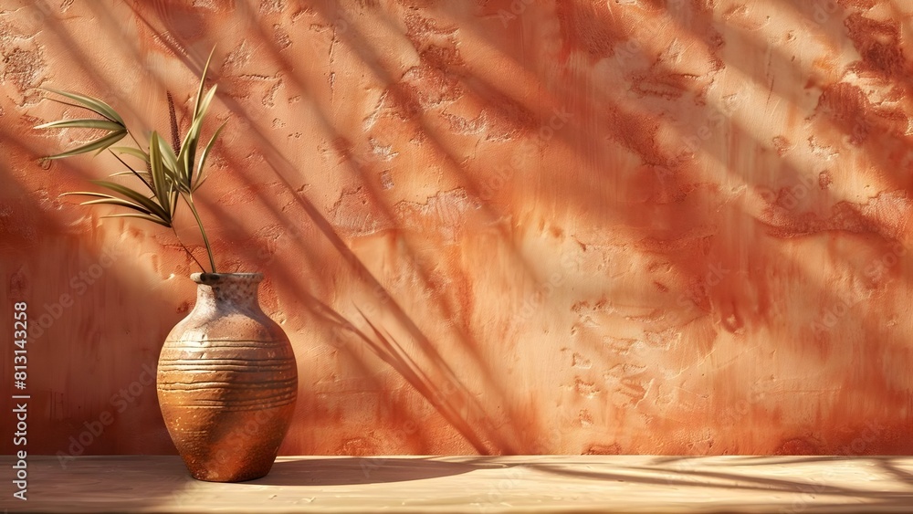 Aufkleber simple terracotta background with empty table and vase for product showcase. concept product photogr