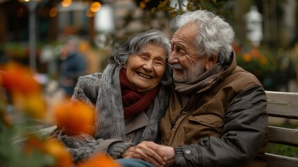 Obraz premium Autumnal Couple Embracing on Park Bench