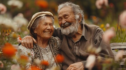 Celebratory Elderly Couple Embracing in a Flower Garden