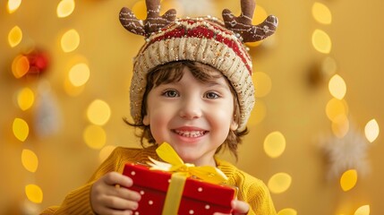Joyful Holiday Celebration: A Little Boy in Christmas Attire Holding a Gift, Blurred Background of Festive Lights and Ornaments