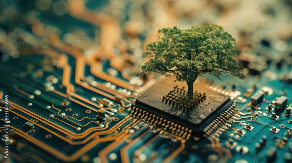 Poster the bottom angle view of the growing green tree on the cpu on the land of the greenish mainboard and