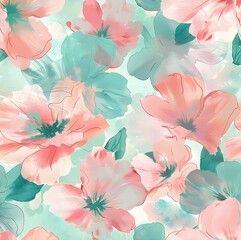 Seamless pattern with pink and turquoise flowers, pastel colors, soft brush strokes in the style of watercolor, soft pastels, vintage, Pastel, watercolor, oil painting, highly detailed, 