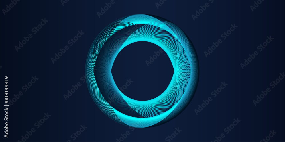 Fototapete Vector abstract circle frame with wavy rounded lines pattern flowing in blue green colors isolated on black background for concept of music, technology, ai