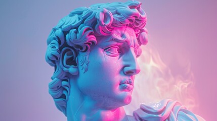 Stylized Portrait of Ancient Greek-inspired Statue with Vibrant Pink Lighting.