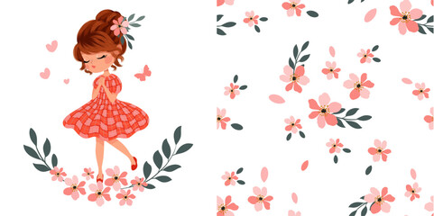 Cute girl with flowers vector illustration and seamless pattern design, artwork for kids prints, fabrics, t shirt, birthday cards.