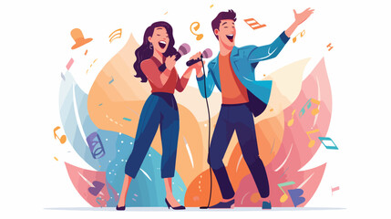 Man and woman couple singing in duet karaoke party