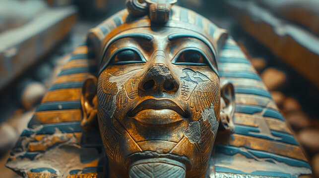 A close-up shot capturing the intricate carvings and symbolic motifs of an ancient Egyptian sarcophagus, adorned with hieroglyphics, religious symbols, and depictions of gods and p