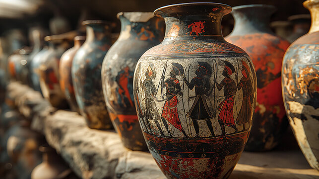 An artistic representation of a finely crafted Greek amphora adorned with intricate black-figure and red-figure paintings, depicting heroic myths, epic battles, and divine beings f