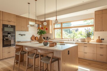 A kitchen with a wooden island and a window