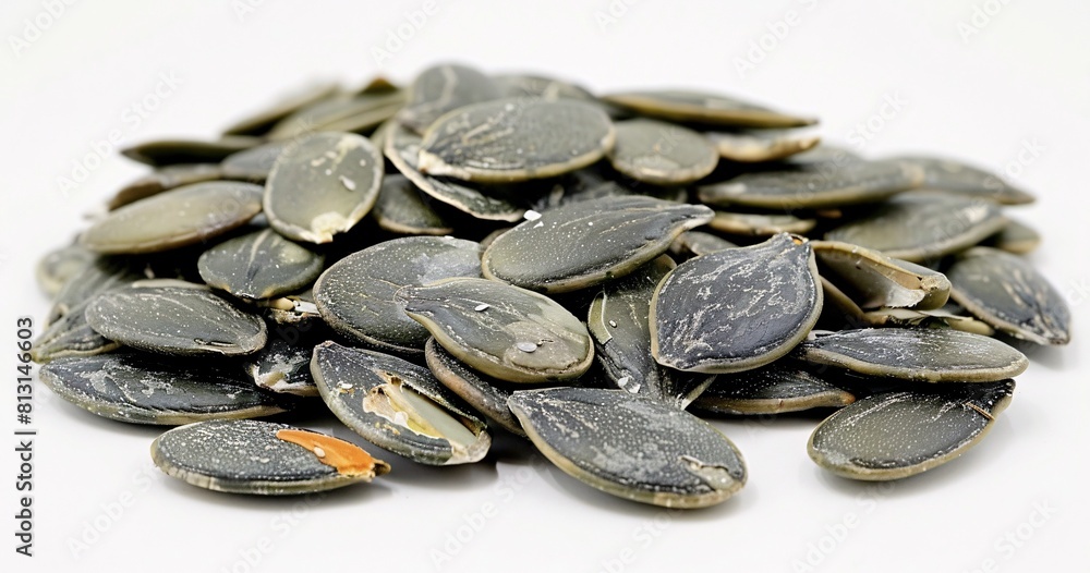 Poster seashells pile on table: close-up view of pistachio shells