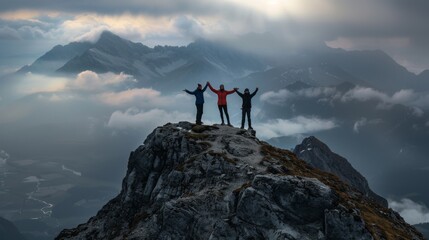 Together overcoming obstacles with three people holding hands up in the air on mountain top , celebrating success and achievements