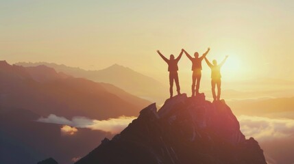 Together overcoming obstacles with three people holding hands up in the air on mountain top , celebrating success and achievements