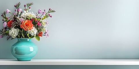 Colorful flower vase on floating shelf against blank wall with copy space. Concept Home decor, Interior design, Colorful accents, Blank wall, Copy space