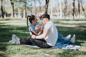 Affectionate school couple sitting on a picnic blanket in a park, sharing a moment and a refreshing drink together.