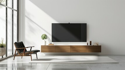 Admire The Minimalist Design Of A Tv Cabinet On A White Wall In A Living Room, Complemented By An Armchair For Relaxation