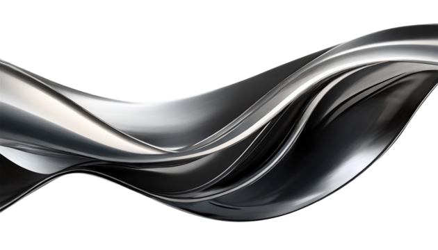 Abstract fluid metal bent form. Metallic shiny curved wave in motion. Cut out design element steel texture effect.