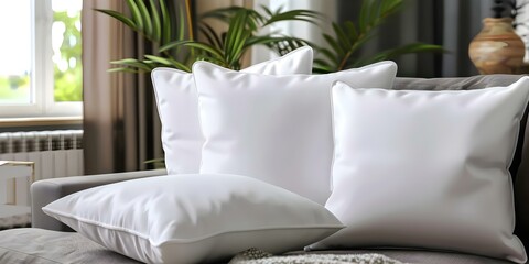 White pillow mockup on modern couch in stylish interior setting. Concept Home decor, Interior design, Mockup, Stylish, Modern couch