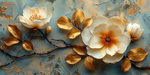 White magnolia flowers realistic 3D painting on a blue background. 3d illustration.