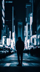 A silhouette of a solitary figure walking in a neon-lit urban streetscape at night, exuding a mysterious vibe.