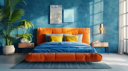 Appreciate The Vibrant Charm Of A Colorful Double Bed In A Modern Room With Blue Walls, Adding A Pop Of Personality To The Space