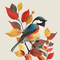 Vibrant Bird Perched on Fall Tree Branch Illustration