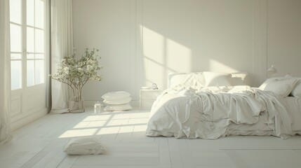 Capture The Tranquility Of A White Spacious Dreamy Bedroom, Where Simplicity And Elegance Combine To Create A Serene Retreat