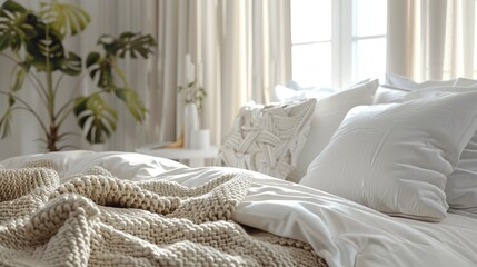 Cozy Up With A Knit Blanket And Pillows On A Bed In A White Hotel Bedroom Interior, Enhanced By Drapes For Added Comfort And Privacy