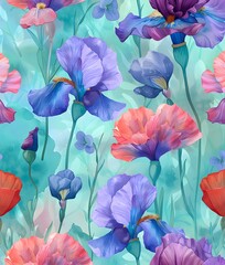 Seamless pattern of colorful flowers Including poppies and iris. The background is turquoise blue, flower petals, and the background wallpaper uses light pastel colors. Soft, sweet color
