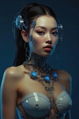 Electronic Dreams An Asian Cyborg in Front of an Orange and Blue Wall