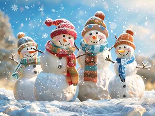 Season's Greetings: Festive Christmas Scene with Three Snowmen Wearing Knit Hats and Scarves