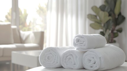 Delight In The Simplicity Of A Roll-Up Of White Towels On A White Table, With Copy Space, Set Against A Blurred Living Room Background, Adding A Touch Of Elegance To The Space