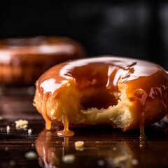 Close-up of a Glazed Doughnut with Bite Taken Out
