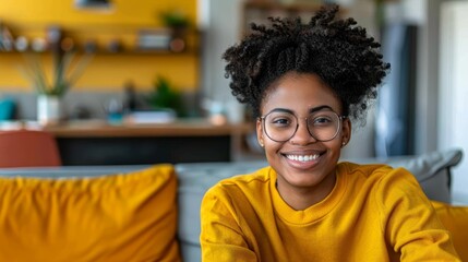 Smiling woman at home, suitable for happy home and lifestyle themes.