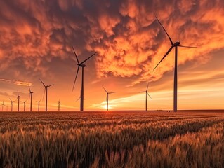 Vivid Sunset over Wind Turbines in a Field