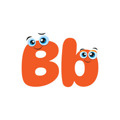 Orange Cute Cartoon Illustration of Uppercase and Lowercase Letter B. Illustrated Alphabet Characters with funny eyes. Funny kids letter with eyes. Vector illustration.