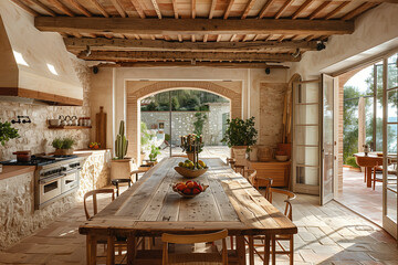 Streamlined Minimalist Dining Room Design with Earthy Palette in a Rustic Tuscan Villa, Enhanced by Bright Afternoon Light.