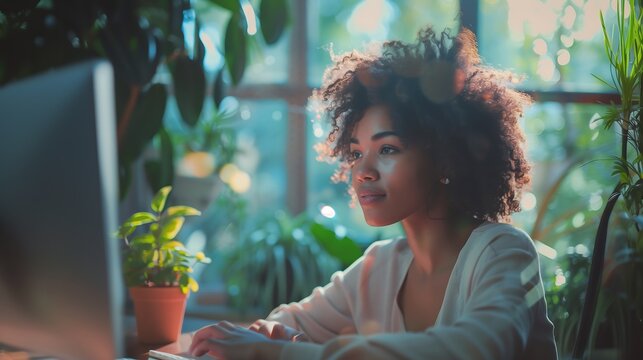 Mulher negra atenta e focada no trabalho, ela est&aacute; em um ambiente acochegante com muitas plantas