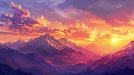 A breathtaking sunrise over majestic mountains, painting the sky in vibrant hues of orange and pink.