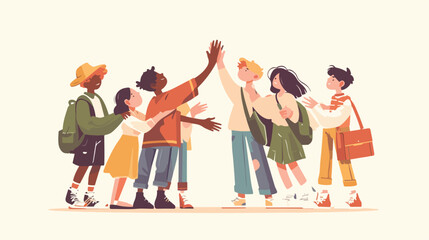 Multiethnic children friends give high five greetin