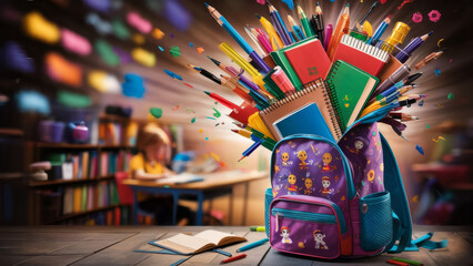 A fantasy school supplies explosion from a backpack with blurry colors and creative chaos. AI created