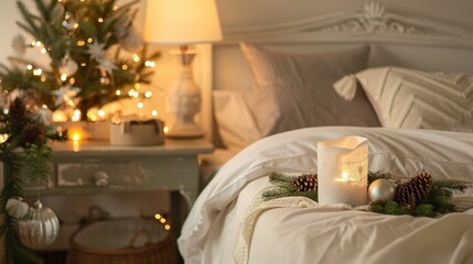 Embrace The Festive Spirit With Christmas Decor Adorning The Bedside Table In A Bedroom, Creating A Cozy Atmosphere For The New Year