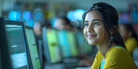 A South Asian Female Student Learning IT Skills in a Diverse College Classroom. Concept Diversity in Education, IT Skills, College Classroom, South Asian Student, Female Empowerment